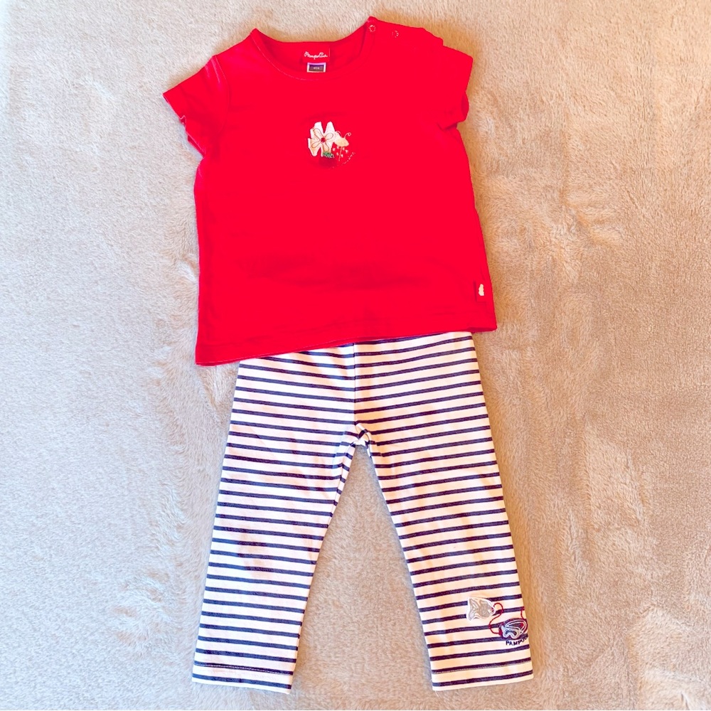 Pampolina Girls T-shirt Capri Pants Leggings Red Navy Stripe Size 4T